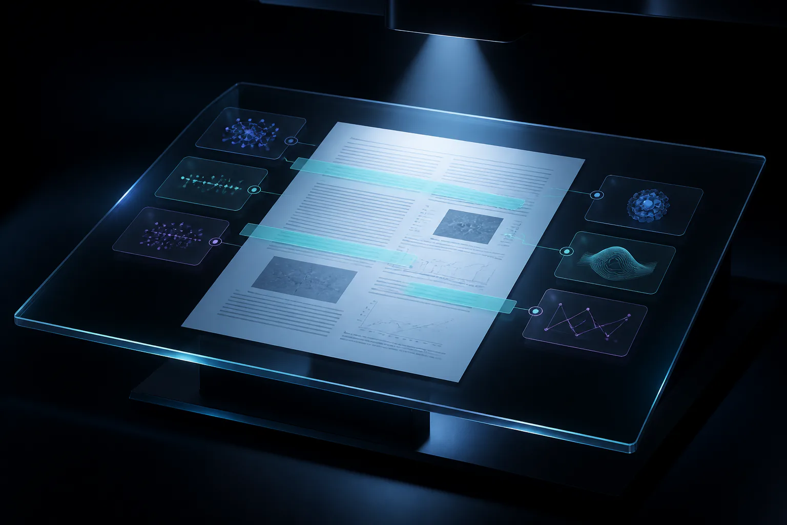 Dark glass research workspace with an illuminated paper, contextual insight panels, and cyan annotation layers