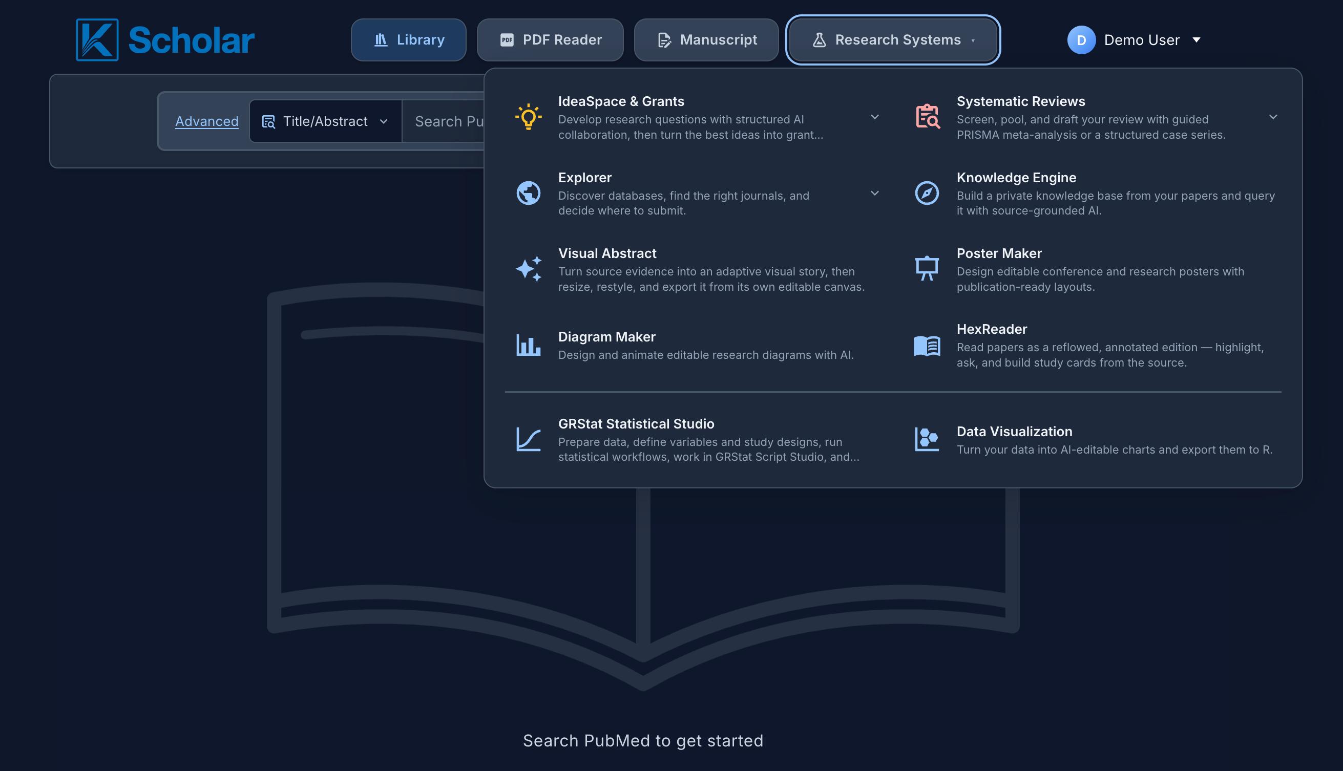 KScholar Research Systems menu showing researcher-guided tools for grants, reviews, literature discovery, knowledge, visual abstracts, posters, diagrams, reading, statistics, and data visualization