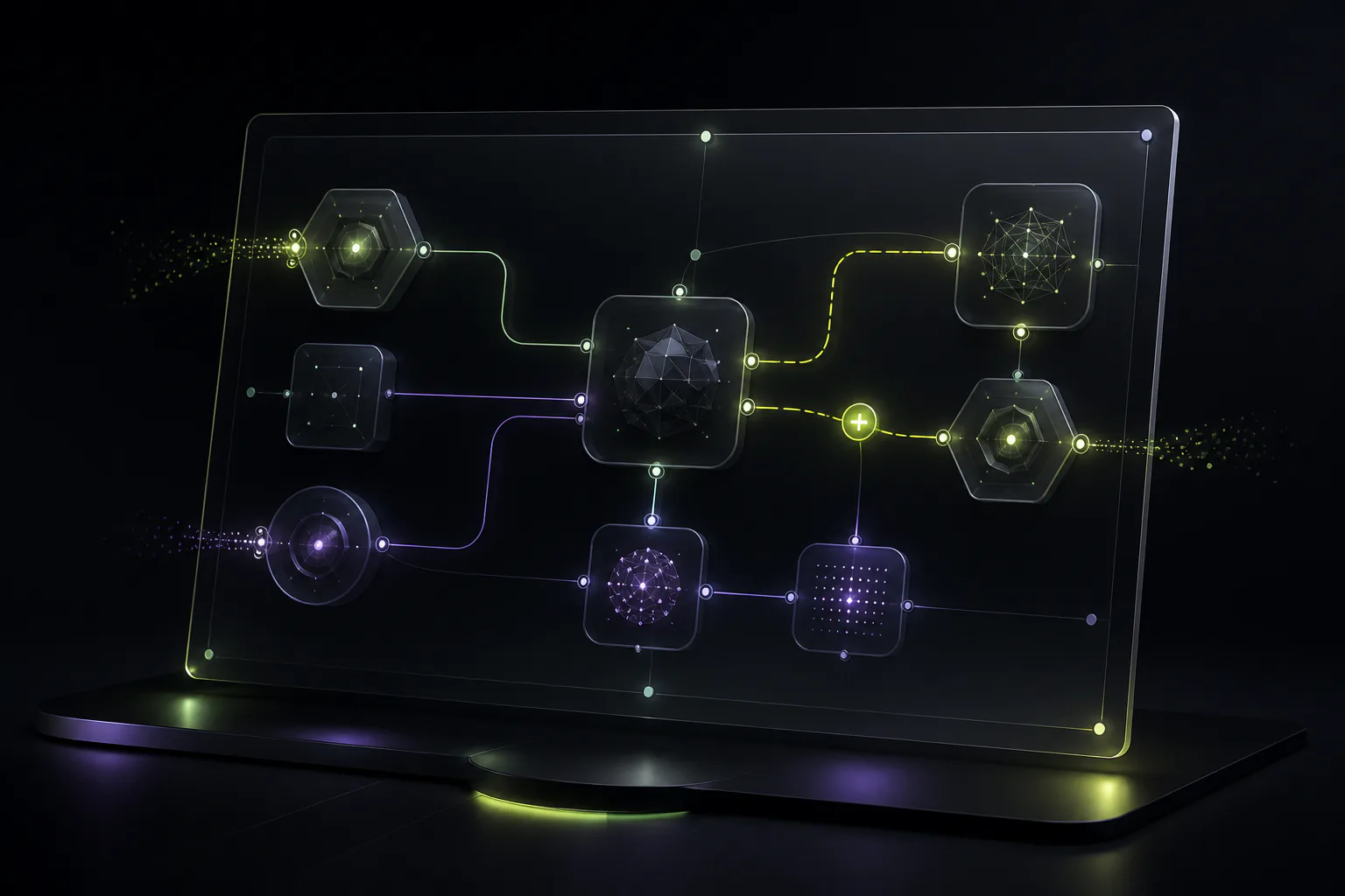 Dark smoked-glass scientific diagram studio with connected geometric nodes and luminous lime and violet flows